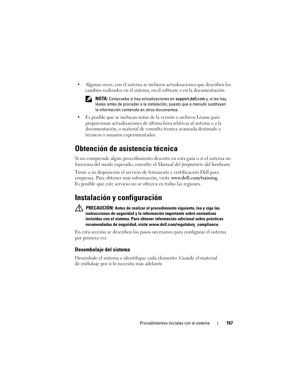 Obtención de asistencia técnica, Instalación y configuración, Desembalaje del sistema | Dell PowerEdge M605 User Manual | Page 169 / 201