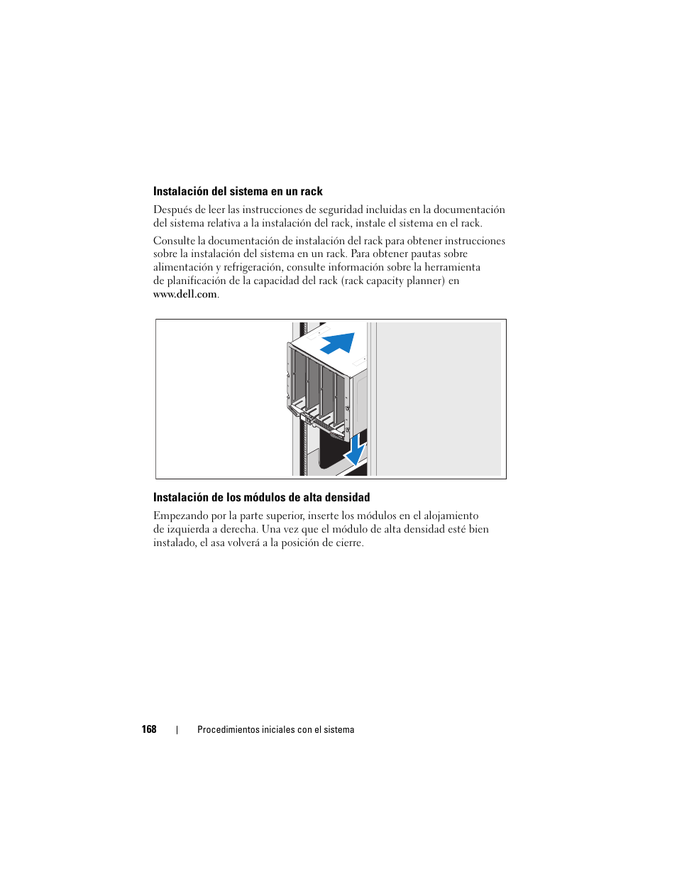 Instalación del sistema en un rack, Instalación de los módulos de alta densidad | Dell PowerEdge M605 User Manual | Page 170 / 201