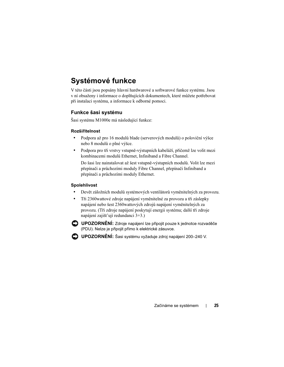 Systémové funkce, Funkce šasi systému | Dell PowerEdge M605 User Manual | Page 27 / 201