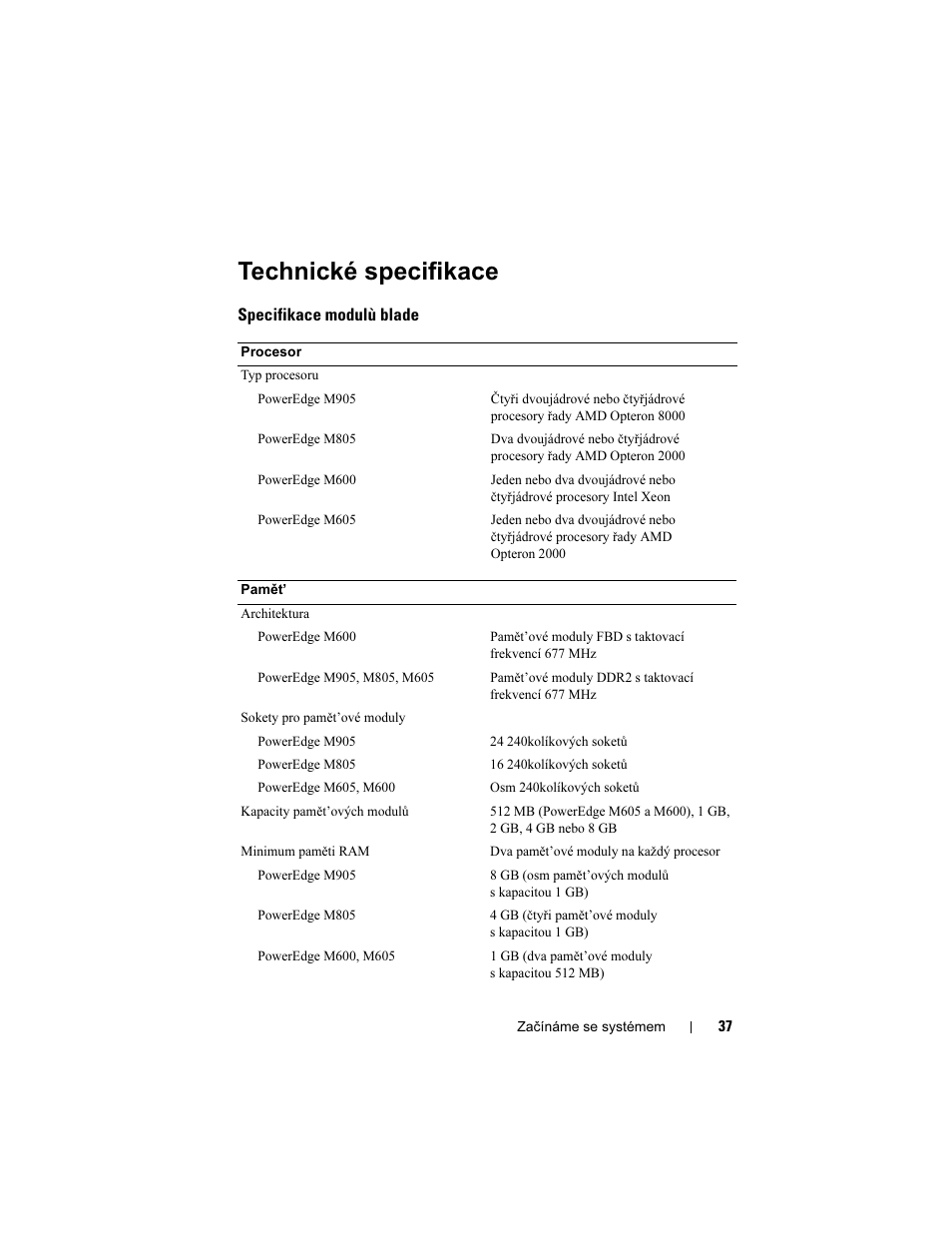 Technické specifikace | Dell PowerEdge M605 User Manual | Page 39 / 201