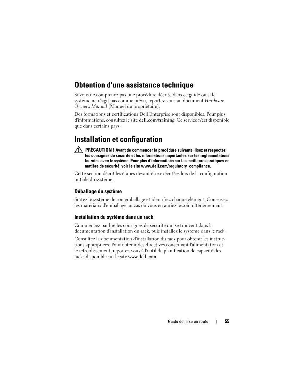 Obtention d'une assistance technique, Installation et configuration, Déballage du système | Installation du système dans un rack | Dell PowerEdge M605 User Manual | Page 57 / 201