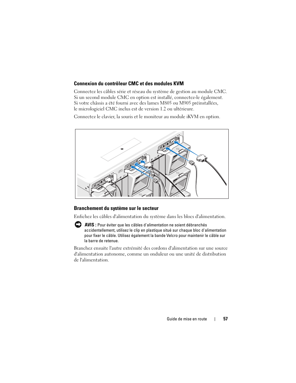 Connexion du contrôleur cmc et des modules kvm, Branchement du système sur le secteur | Dell PowerEdge M605 User Manual | Page 59 / 201