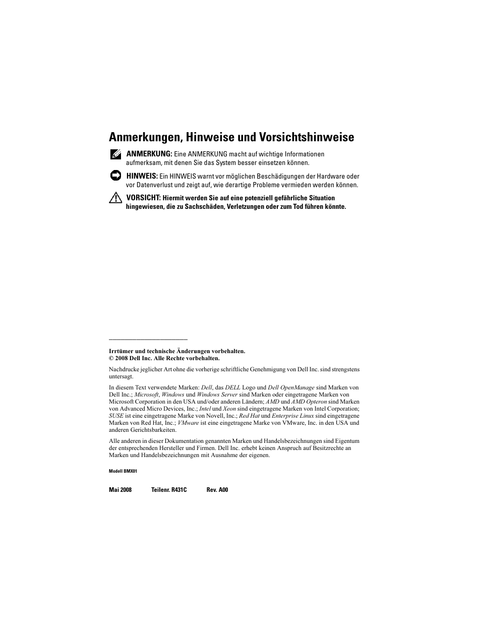 Anmerkungen, hinweise und vorsichtshinweise | Dell PowerEdge M605 User Manual | Page 70 / 201