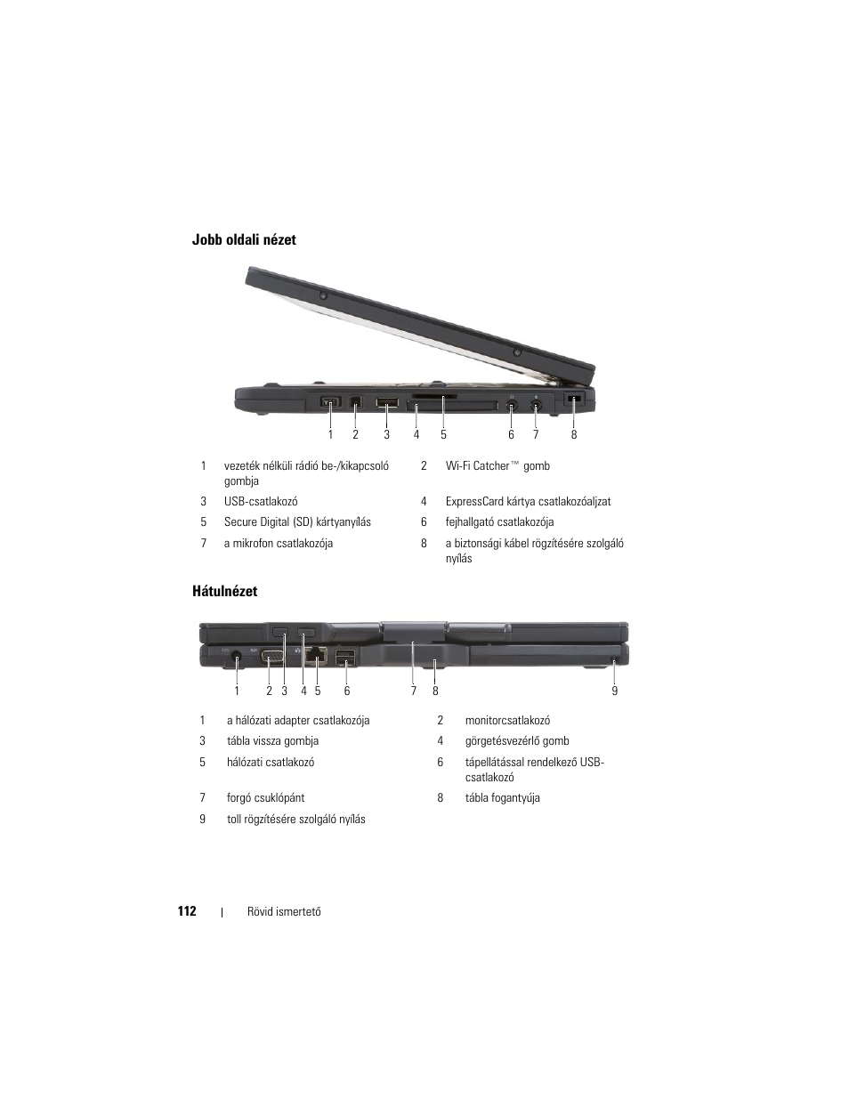 Jobb oldali nézet, Hátulnézet | Dell Latitude XT User Manual | Page 112 / 200
