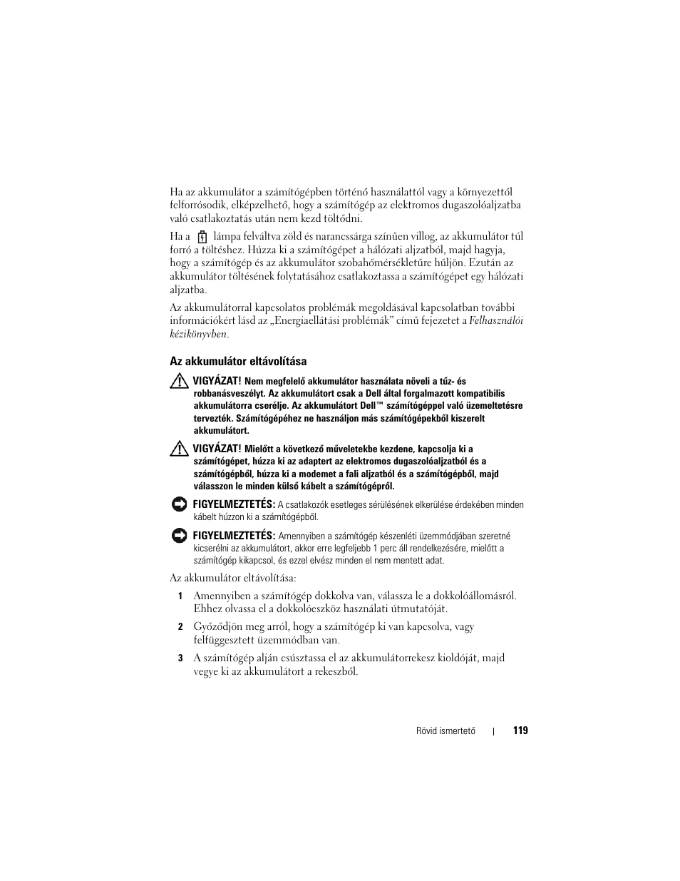 Az akkumulátor eltávolítása | Dell Latitude XT User Manual | Page 119 / 200