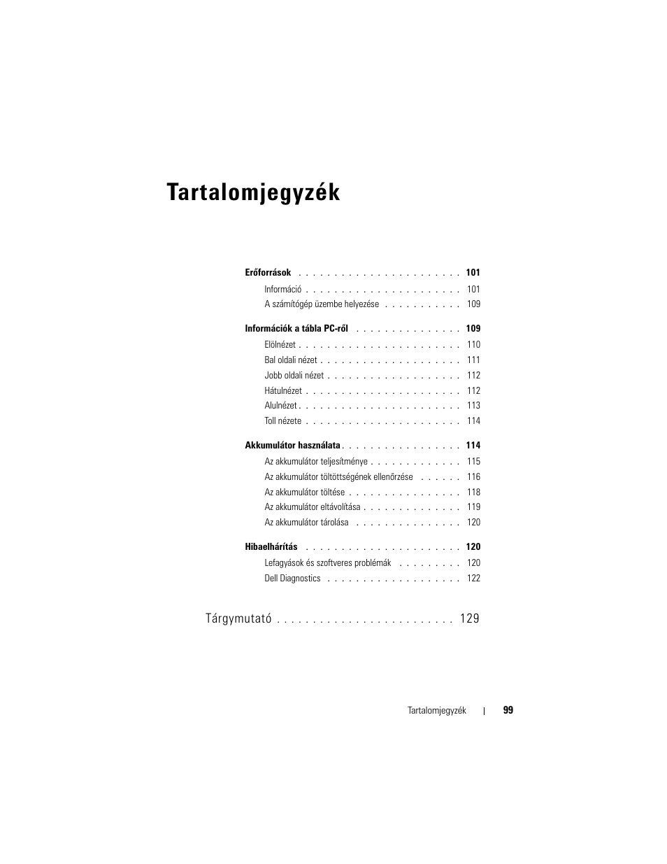 Tartalomjegyzék, Tárgymutató | Dell Latitude XT User Manual | Page 99 / 200