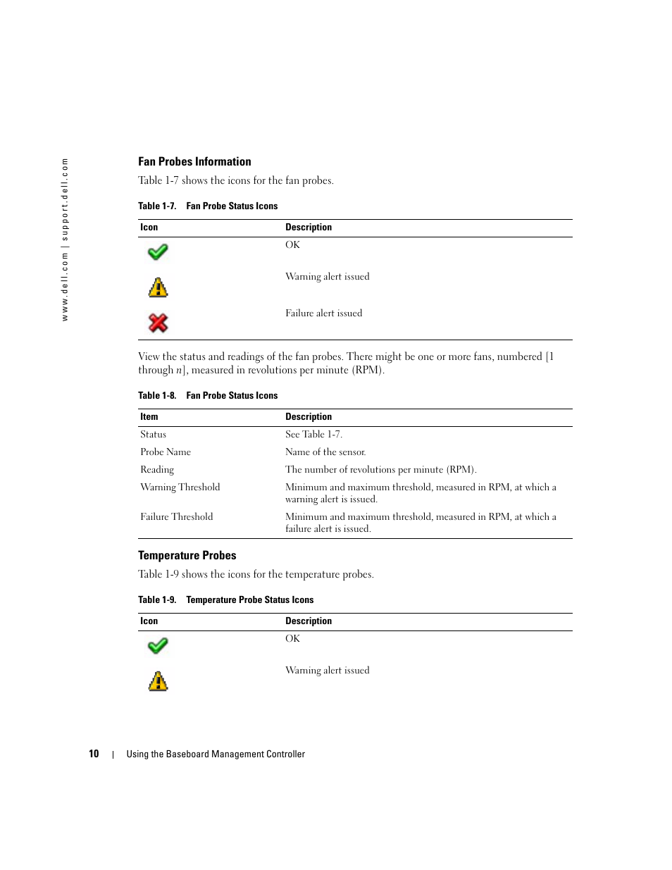 Fan probes information, Temperature probes | Dell PowerEdge C1100 User Manual | Page 10 / 32