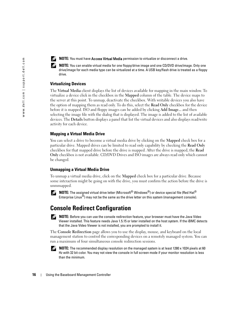 Virtualizing devices, Mapping a virtual media drive, Unmapping a virtual media drive | Console redirect configuration | Dell PowerEdge C1100 User Manual | Page 16 / 32