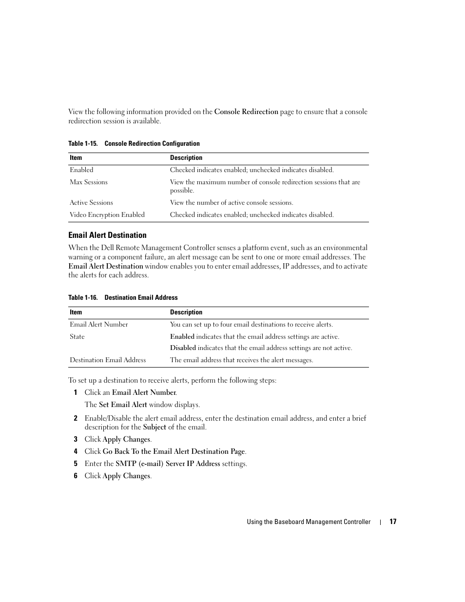 Email alert destination | Dell PowerEdge C1100 User Manual | Page 17 / 32
