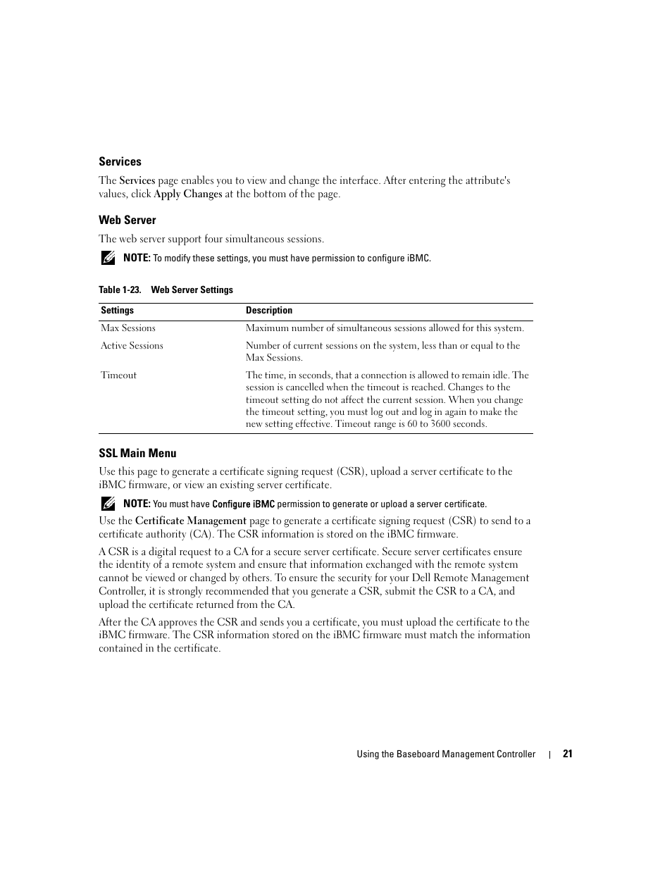 Services, Web server, Ssl main menu | Dell PowerEdge C1100 User Manual | Page 21 / 32