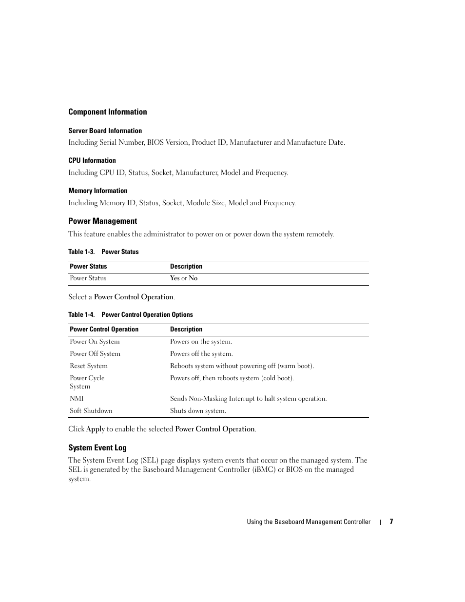 Component information, Power management, System event log | Dell PowerEdge C1100 User Manual | Page 7 / 32