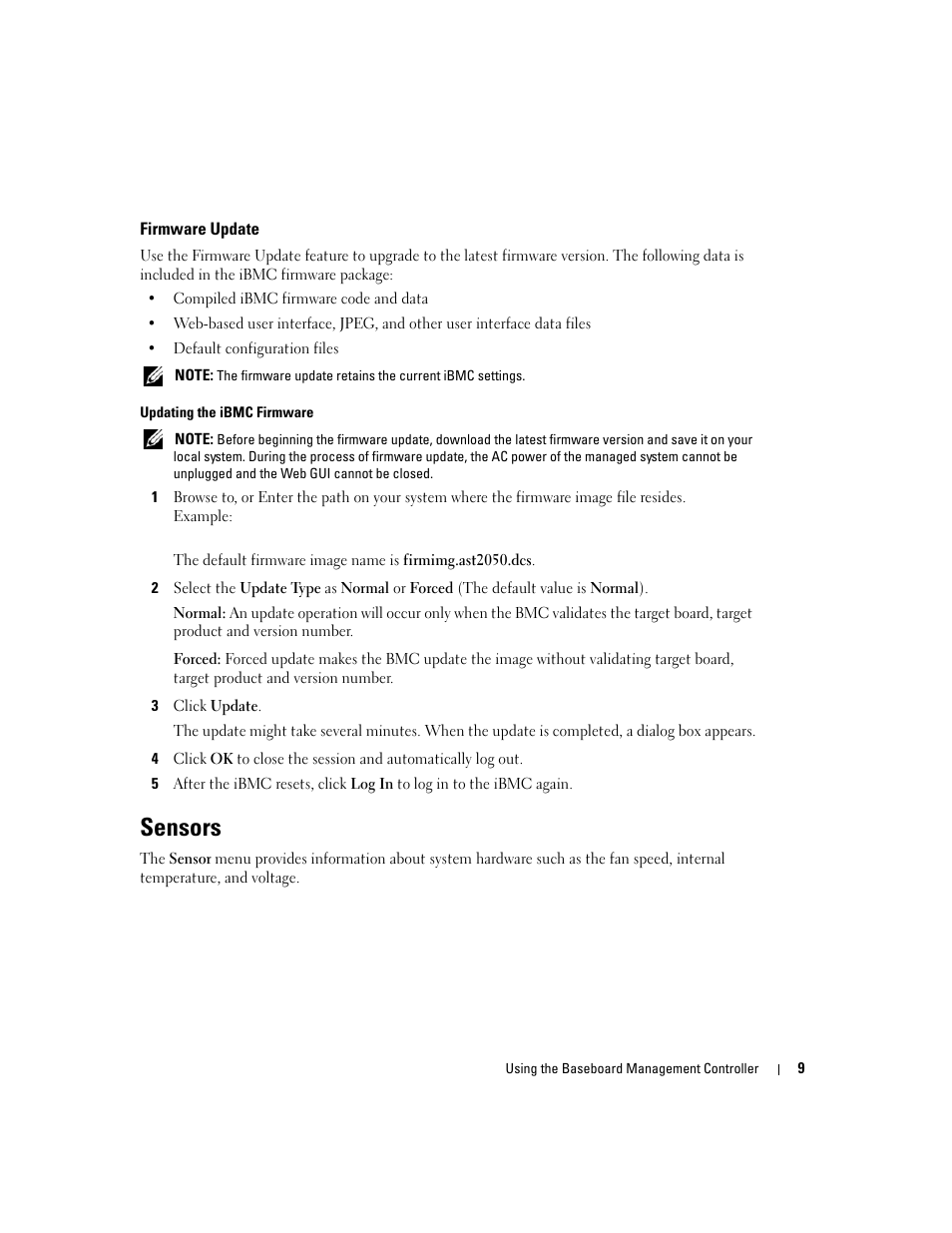 Firmware update, Sensors | Dell PowerEdge C1100 User Manual | Page 9 / 32