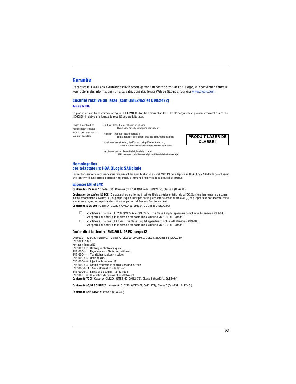 Garantie, Homologation des adaptateurs hba qlogic sanblade | Dell POWEREDGE M905 User Manual | Page 25 / 82