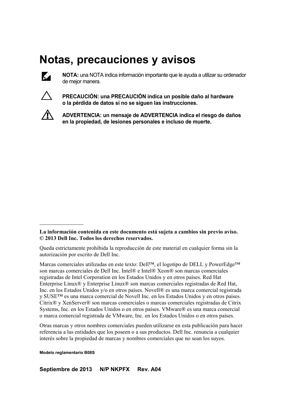 Notas, precauciones y avisos | Dell PowerEdge C6220 User Manual | Page 120 / 168