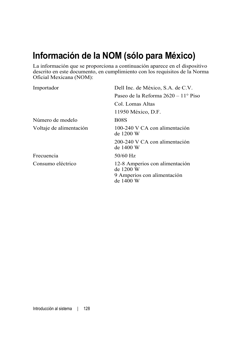 Información de la nom (sólo para méxico) | Dell PowerEdge C6220 User Manual | Page 130 / 168