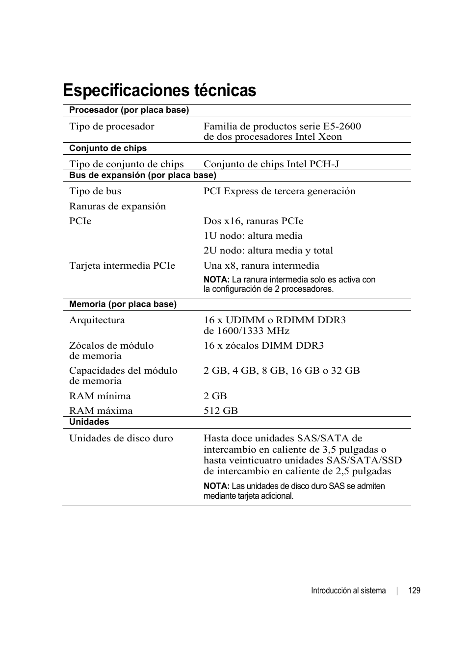 Especificaciones técnicas | Dell PowerEdge C6220 User Manual | Page 131 / 168
