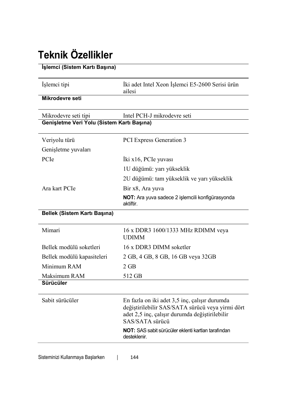 Teknik özellikler | Dell PowerEdge C6220 User Manual | Page 146 / 168