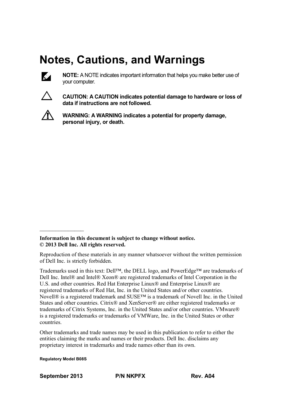 Notes, cautions, and warnings, Regulatory model b08s | Dell PowerEdge C6220 User Manual | Page 4 / 168