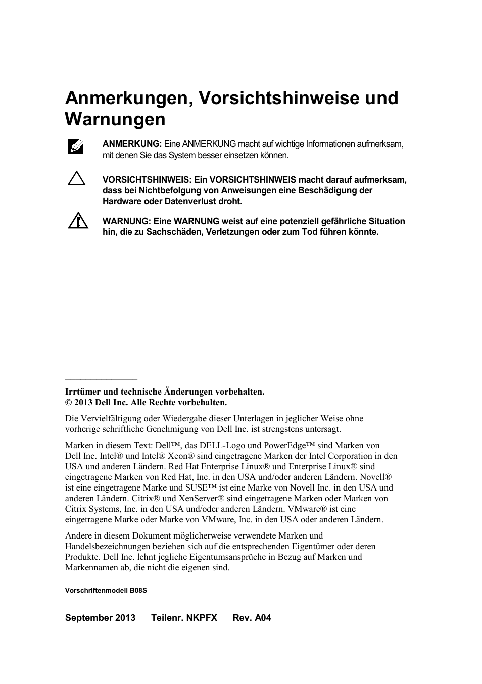 Anmerkungen, vorsichtshinweise und warnungen, Vorschriftenmodell b08s | Dell PowerEdge C6220 User Manual | Page 52 / 168