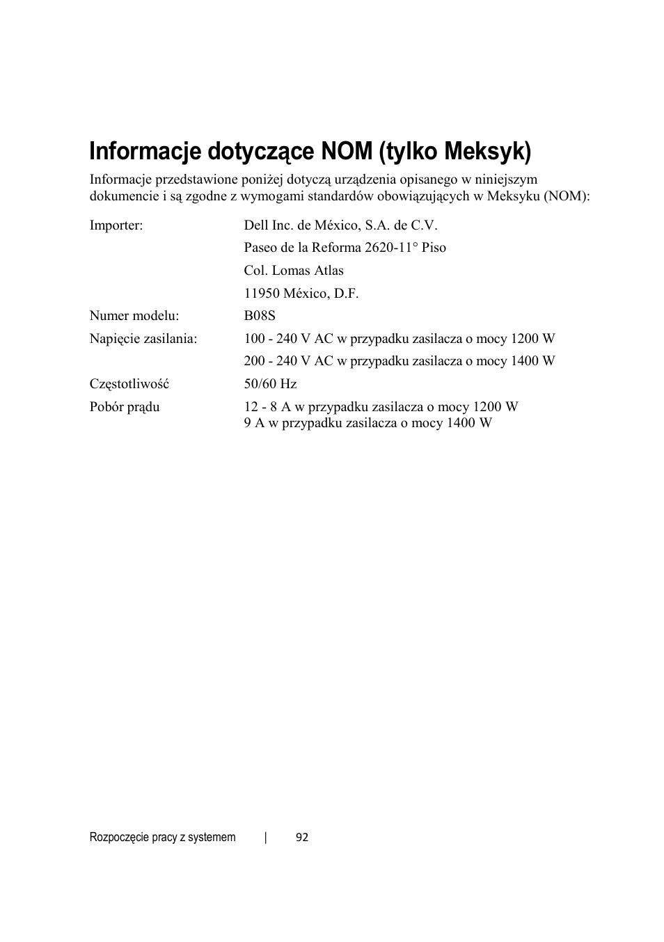 Informacje dotyczące nom (tylko meksyk) | Dell PowerEdge C6220 User Manual | Page 94 / 168