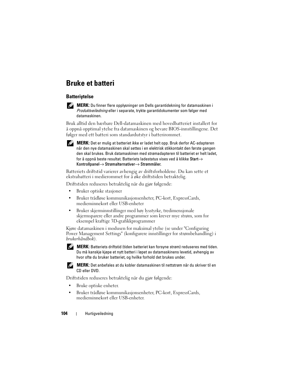 Bruke et batteri, Batteriytelse | Dell Precision M2300 User Manual | Page 104 / 148
