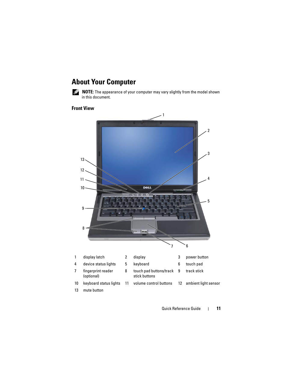 About your computer, Front view | Dell Precision M2300 User Manual | Page 11 / 148