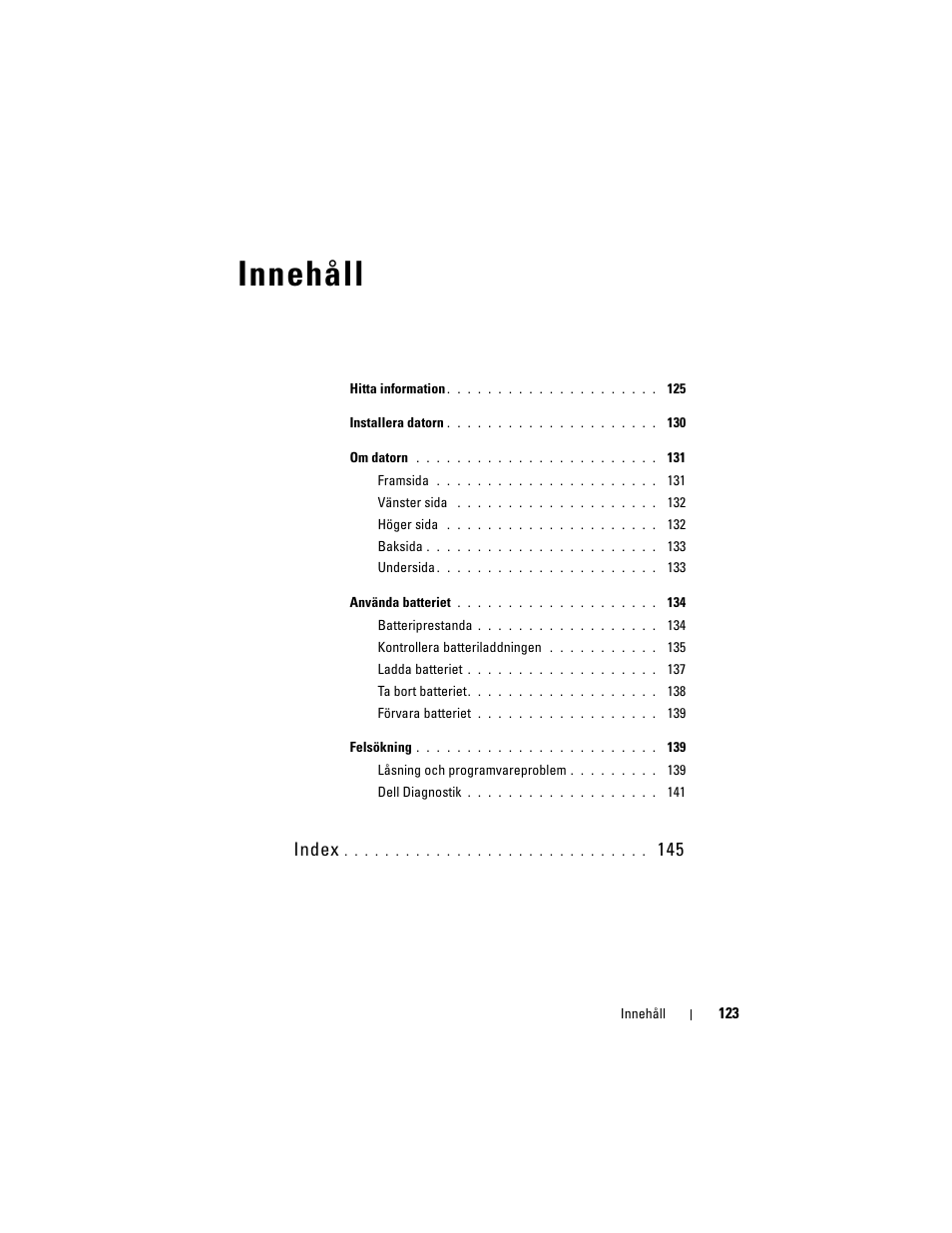 Innehåll, Index | Dell Precision M2300 User Manual | Page 123 / 148