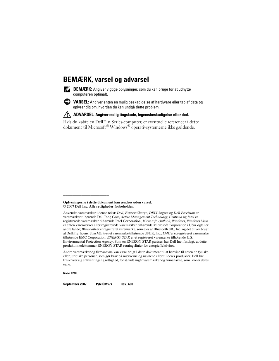 Bemærk, varsel og advarsel | Dell Precision M2300 User Manual | Page 32 / 148