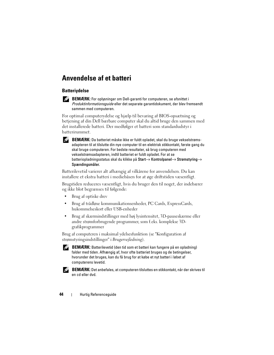 Anvendelse af et batteri, Batteriydelse | Dell Precision M2300 User Manual | Page 44 / 148