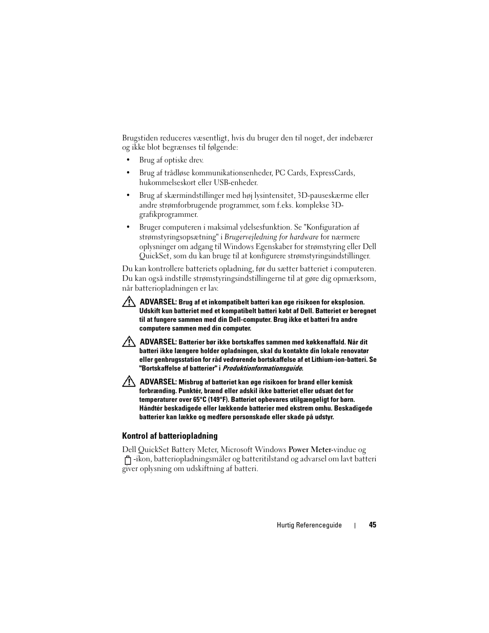 Kontrol af batteriopladning | Dell Precision M2300 User Manual | Page 45 / 148