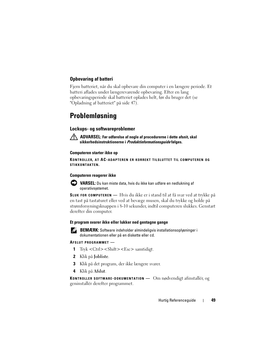 Opbevaring af batteri, Problemløsning, Lockups- og softwareproblemer | Dell Precision M2300 User Manual | Page 49 / 148