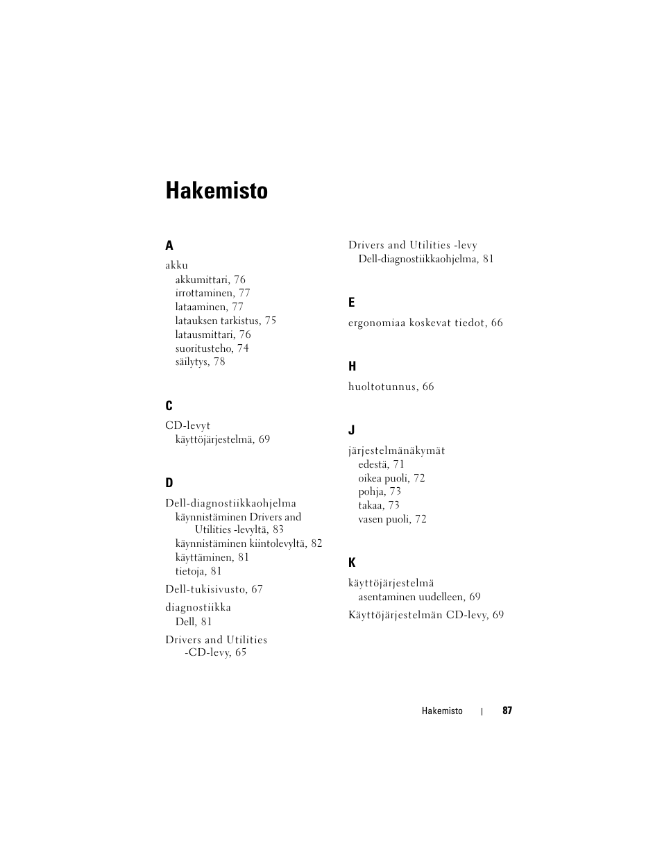 Hakemisto | Dell Precision M2300 User Manual | Page 87 / 148
