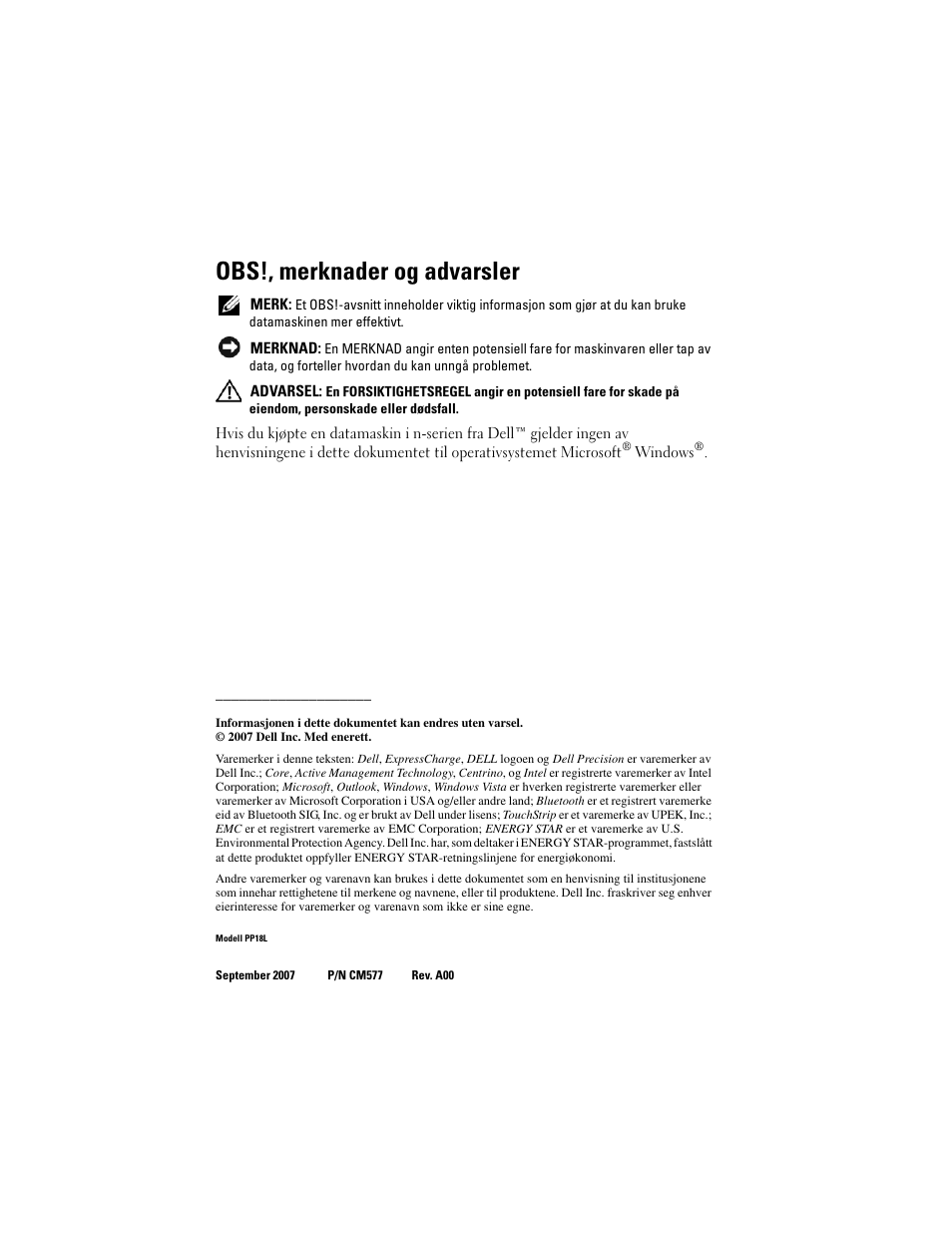 Obs!, merknader og advarsler | Dell Precision M2300 User Manual | Page 92 / 148