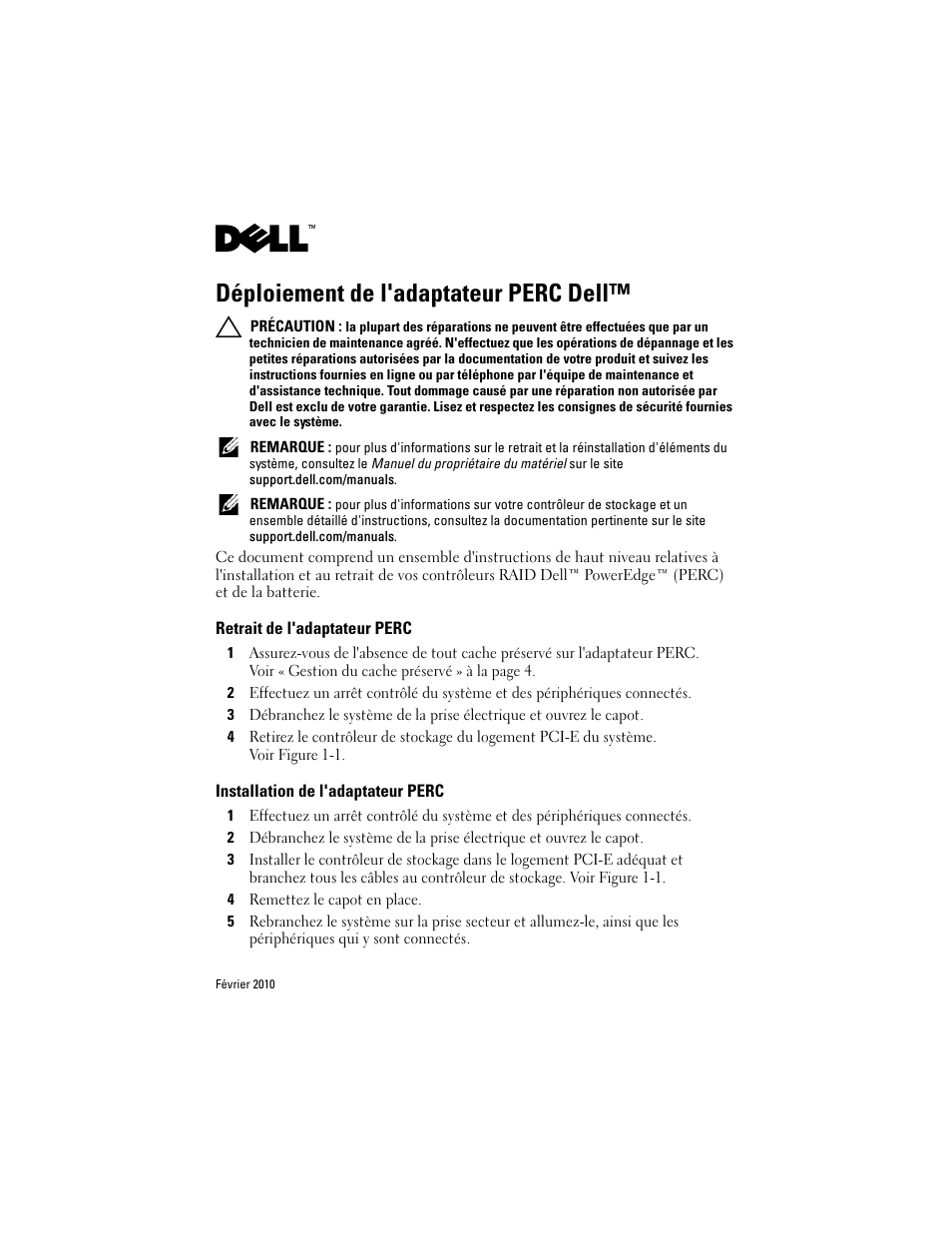Déploiement de l'adaptateur perc dell, Retrait de l'adaptateur perc, Installation de l'adaptateur perc | Dell PowerEdge RAID Controller H800 User Manual | Page 19 / 56