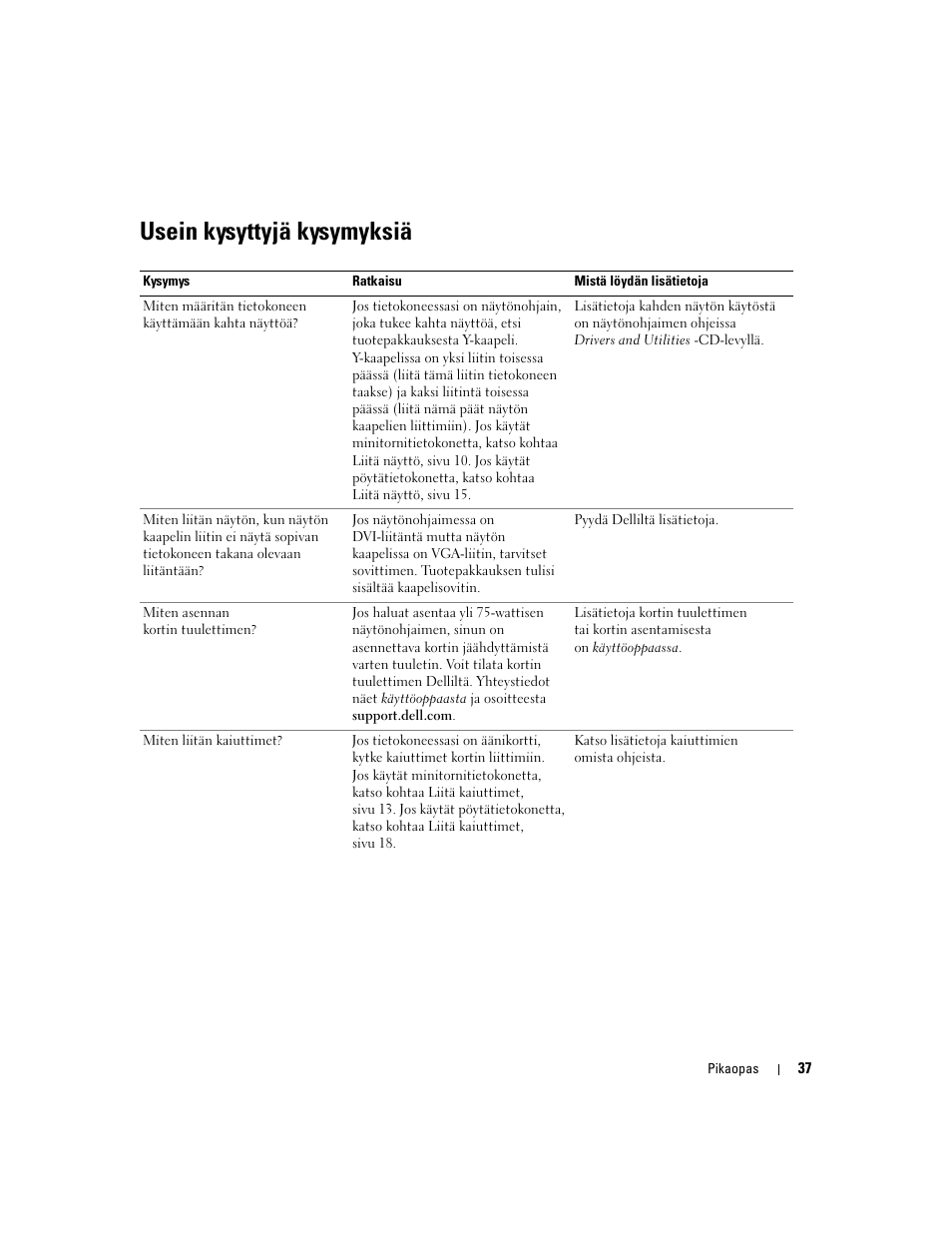 Usein kysyttyjä kysymyksiä | Dell Precision 370 User Manual | Page 117 / 326