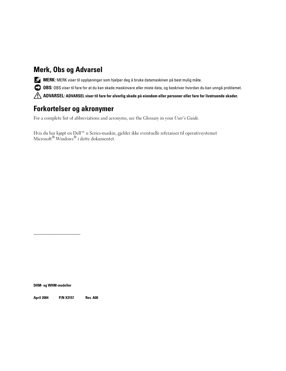 Merk, obs og advarsel, Forkortelser og akronymer | Dell Precision 370 User Manual | Page 122 / 326