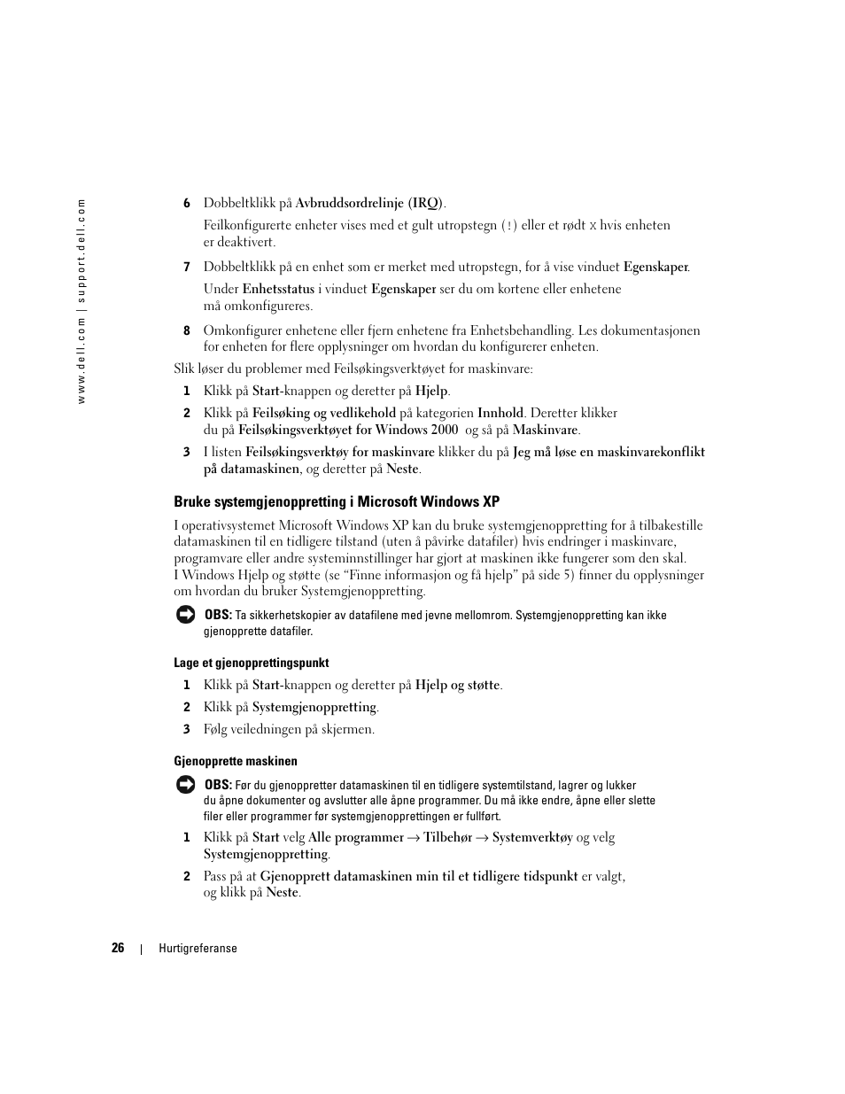 Bruke systemgjenoppretting i microsoft windows xp | Dell Precision 370 User Manual | Page 146 / 326