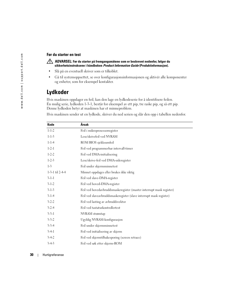 Før du starter en test, Lydkoder | Dell Precision 370 User Manual | Page 150 / 326