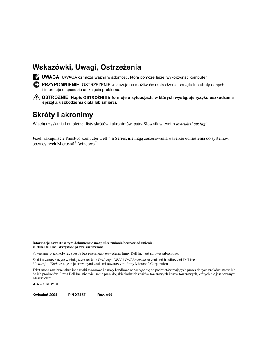 Wskazówki, uwagi, ostrzeżenia, Skróty i akronimy | Dell Precision 370 User Manual | Page 162 / 326