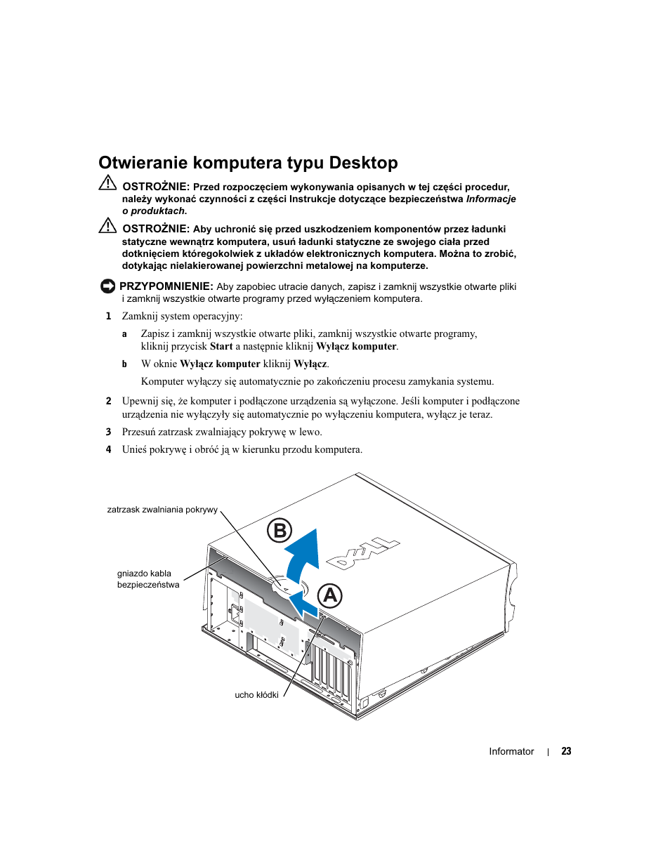 Otwieranie komputera typu desktop | Dell Precision 370 User Manual | Page 183 / 326