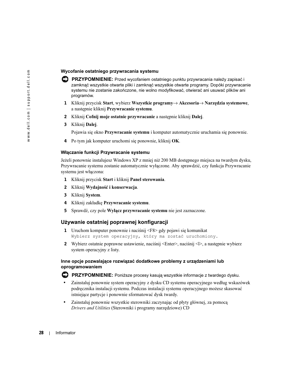 Używanie ostatniej poprawnej konfiguracji | Dell Precision 370 User Manual | Page 188 / 326