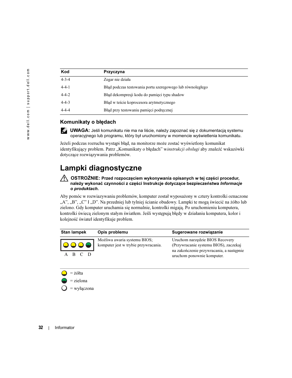 Komunikaty o błędach, Lampki diagnostyczne | Dell Precision 370 User Manual | Page 192 / 326