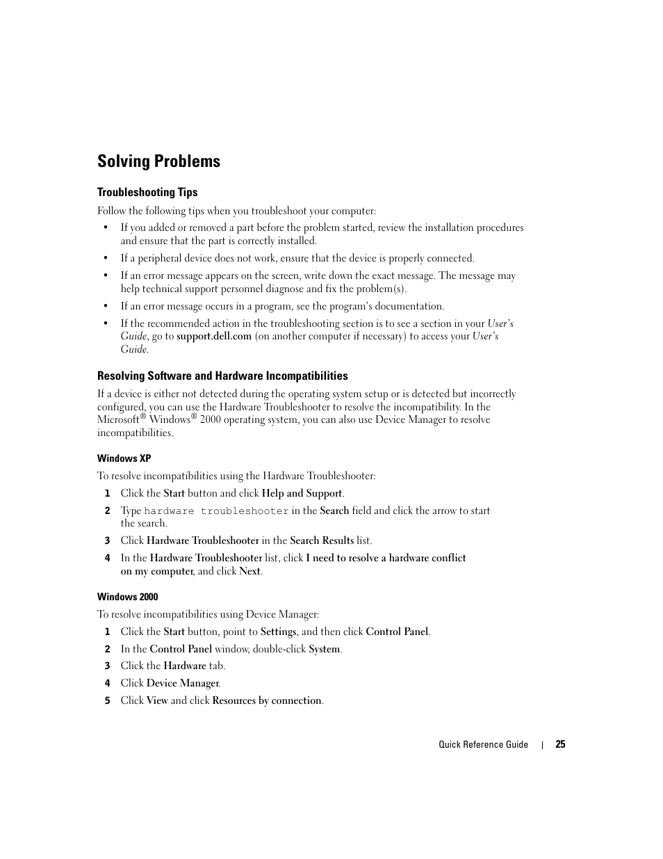 Solving problems, Troubleshooting tips, Resolving software and hardware incompatibilities | Dell Precision 370 User Manual | Page 25 / 326