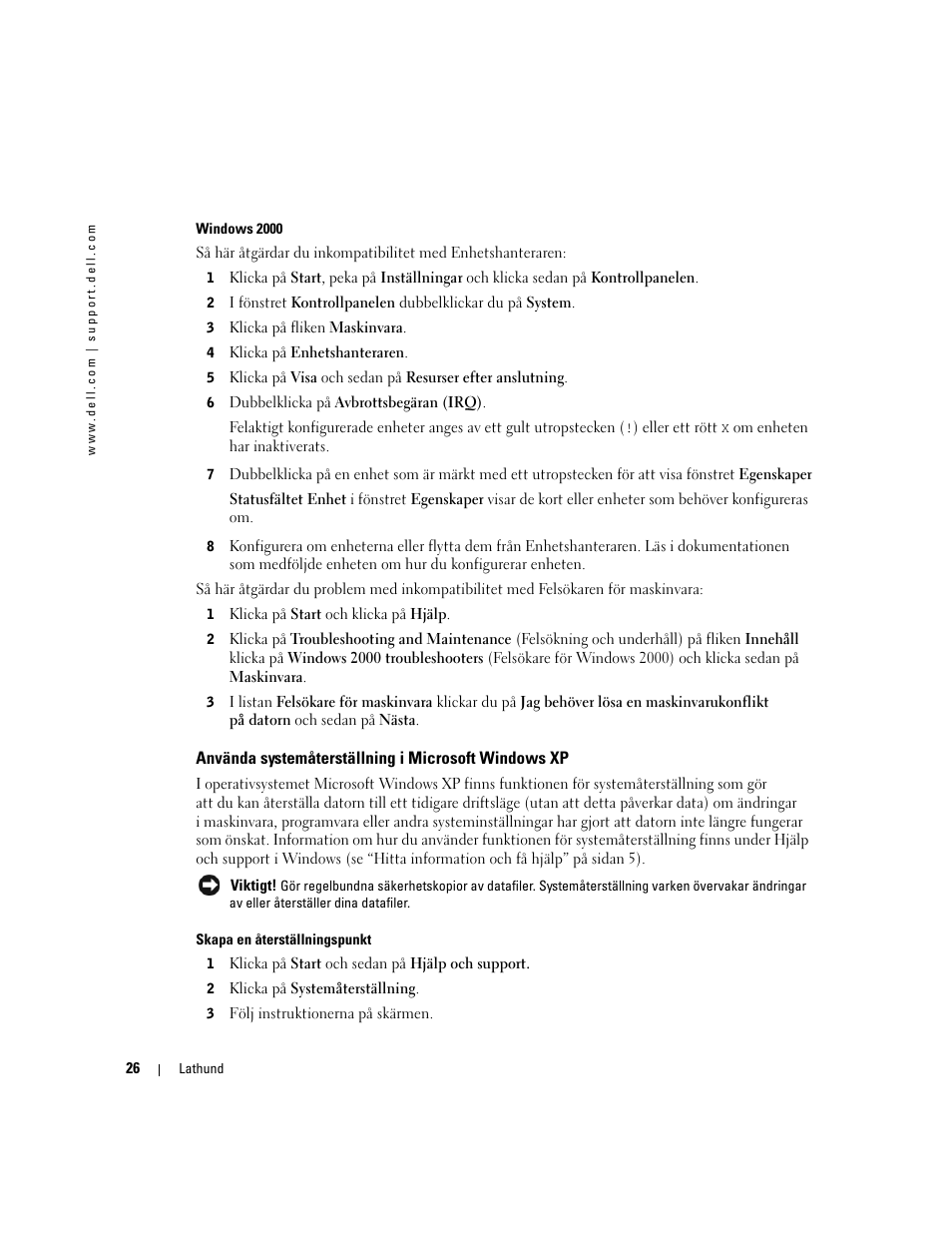 Använda systemåterställning i microsoft windows xp | Dell Precision 370 User Manual | Page 270 / 326