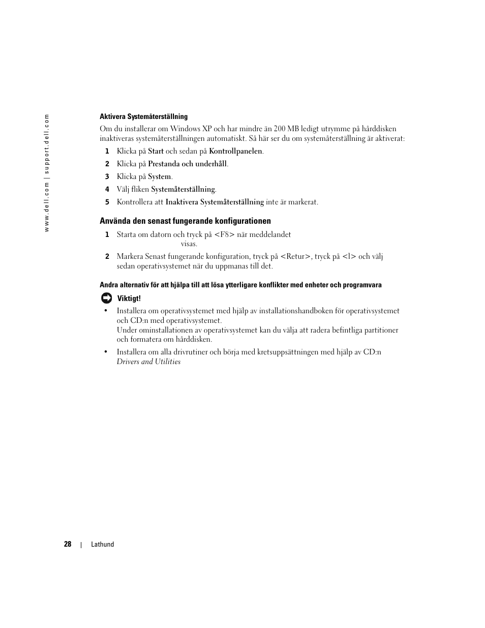 Använda den senast fungerande konfigurationen | Dell Precision 370 User Manual | Page 272 / 326