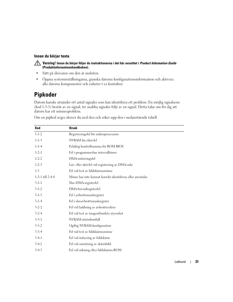 Innan du börjar testa, Pipkoder | Dell Precision 370 User Manual | Page 275 / 326