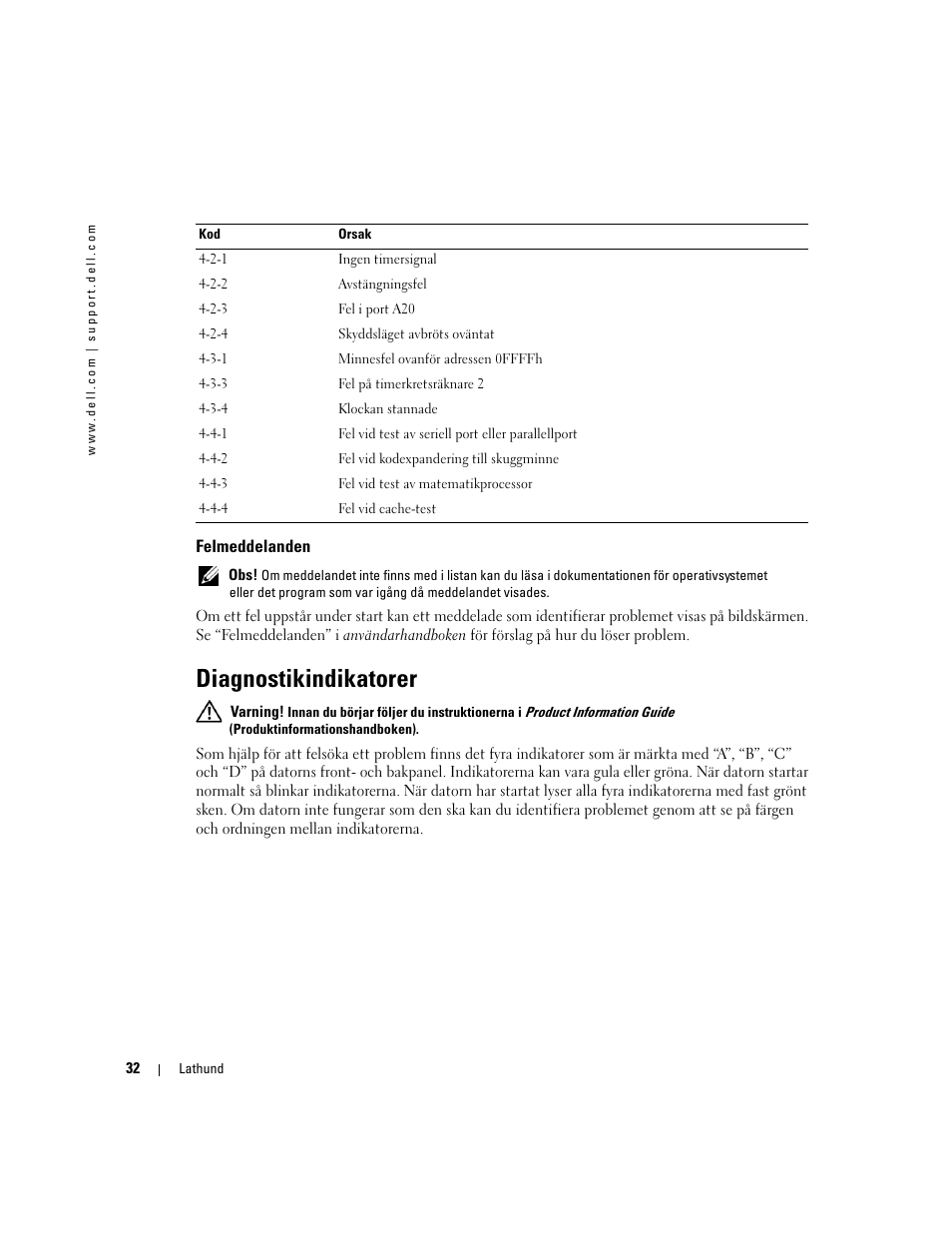 Felmeddelanden, Diagnostikindikatorer | Dell Precision 370 User Manual | Page 276 / 326