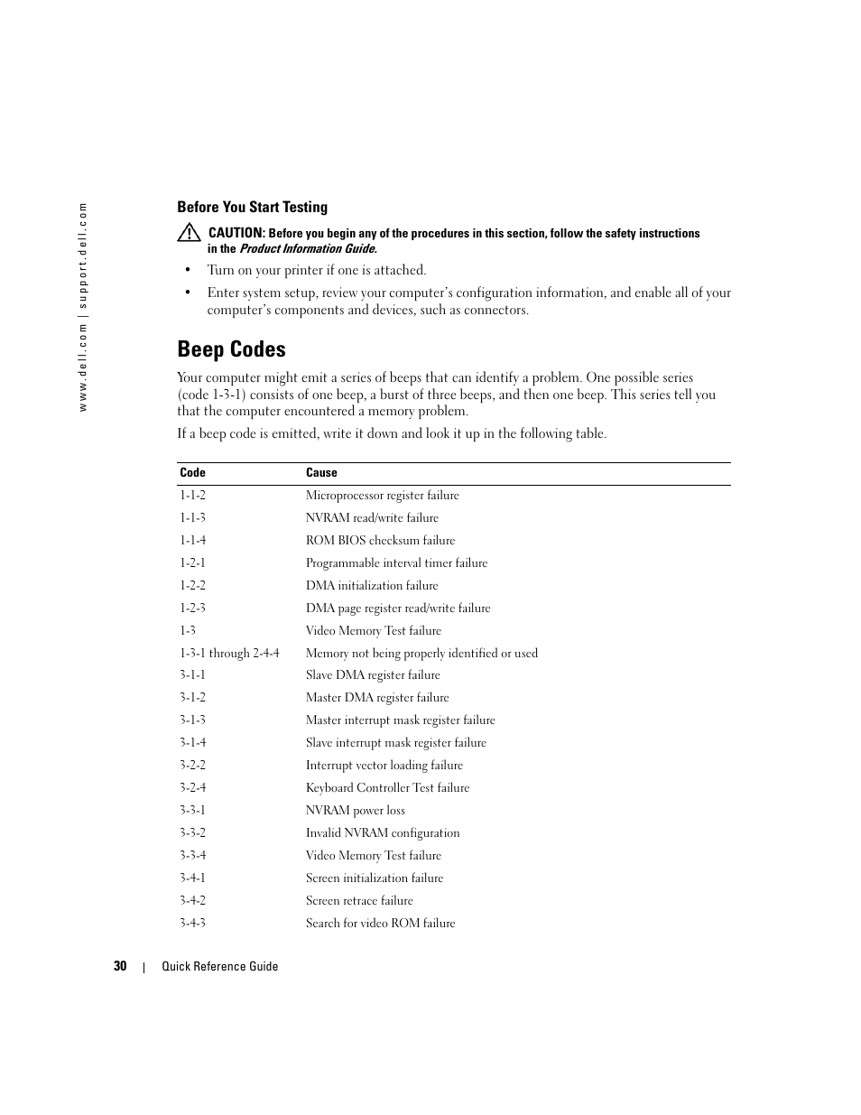 Before you start testing, Beep codes | Dell Precision 370 User Manual | Page 30 / 326