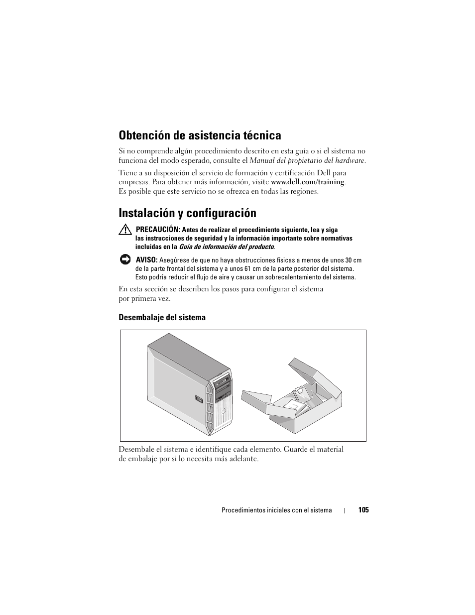 Obtención de asistencia técnica, Instalación y configuración, Desembalaje del sistema | Dell PowerEdge T605 User Manual | Page 107 / 128