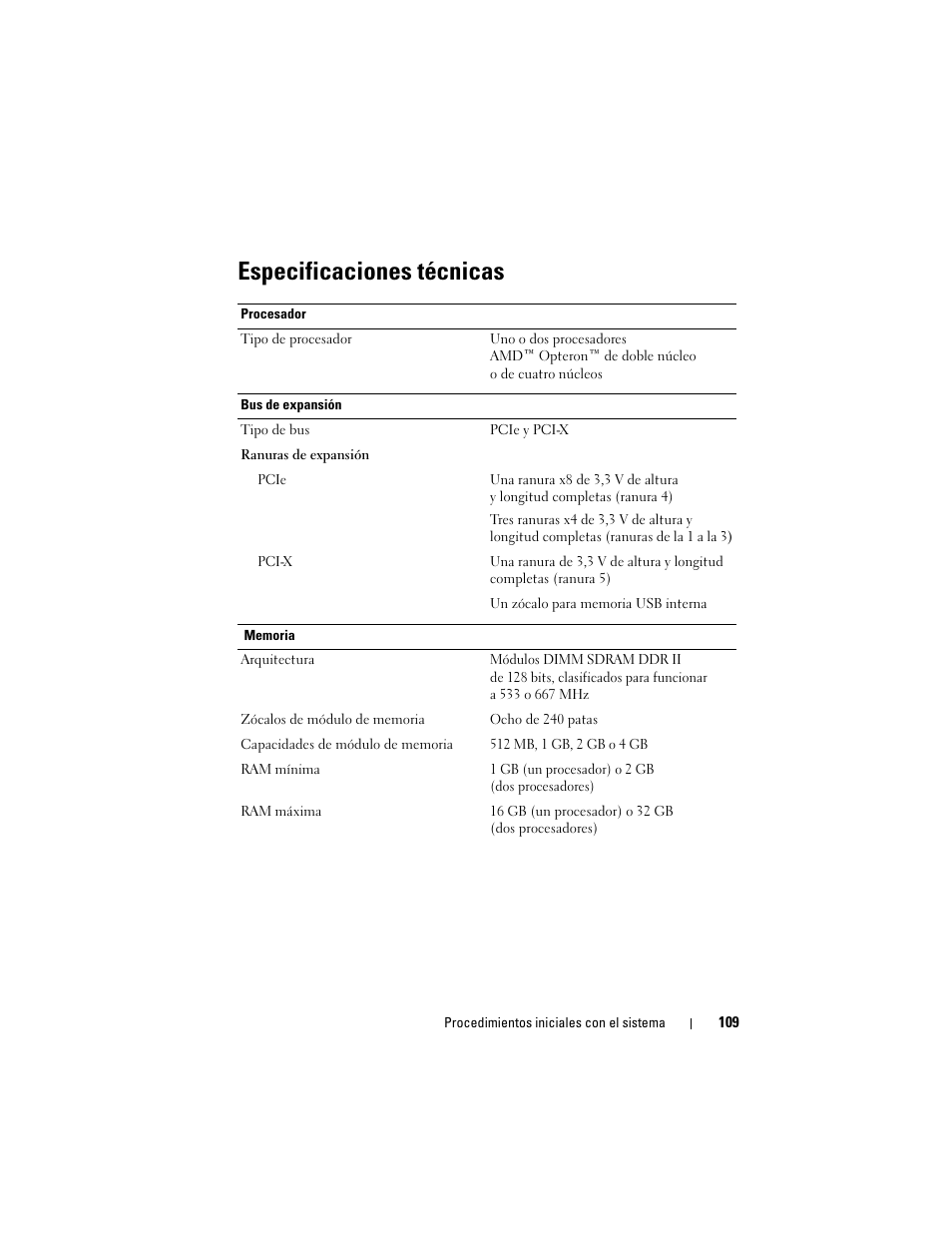 Especificaciones técnicas | Dell PowerEdge T605 User Manual | Page 111 / 128